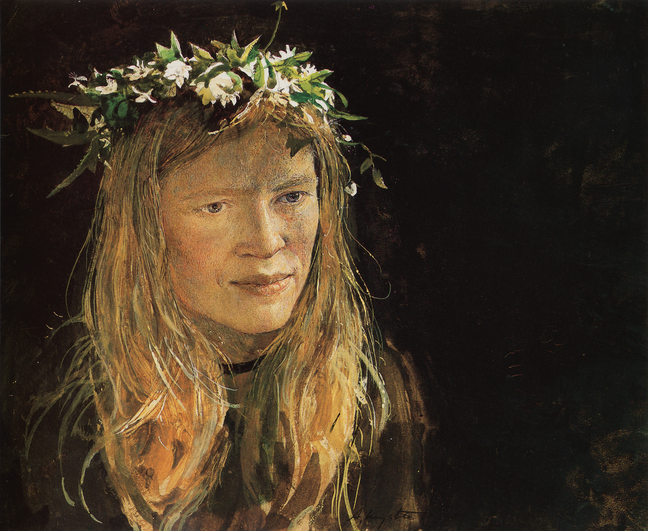 A portrait of a young girl with long blonde hair wearing a beautifully decorated flower crown.