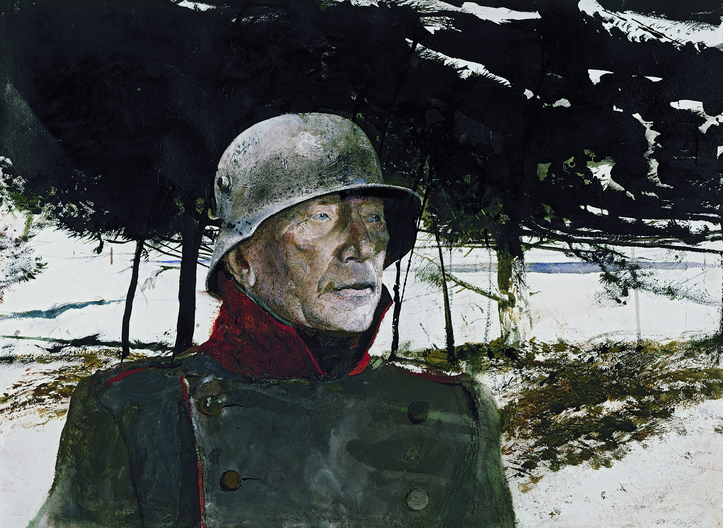 A portrait of a man in a German soldier uniform with a dark sky in the background behind him.