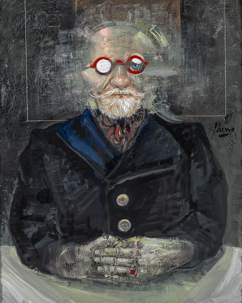 A painted image of artist Peter Paone reading a down coat and red glasses.