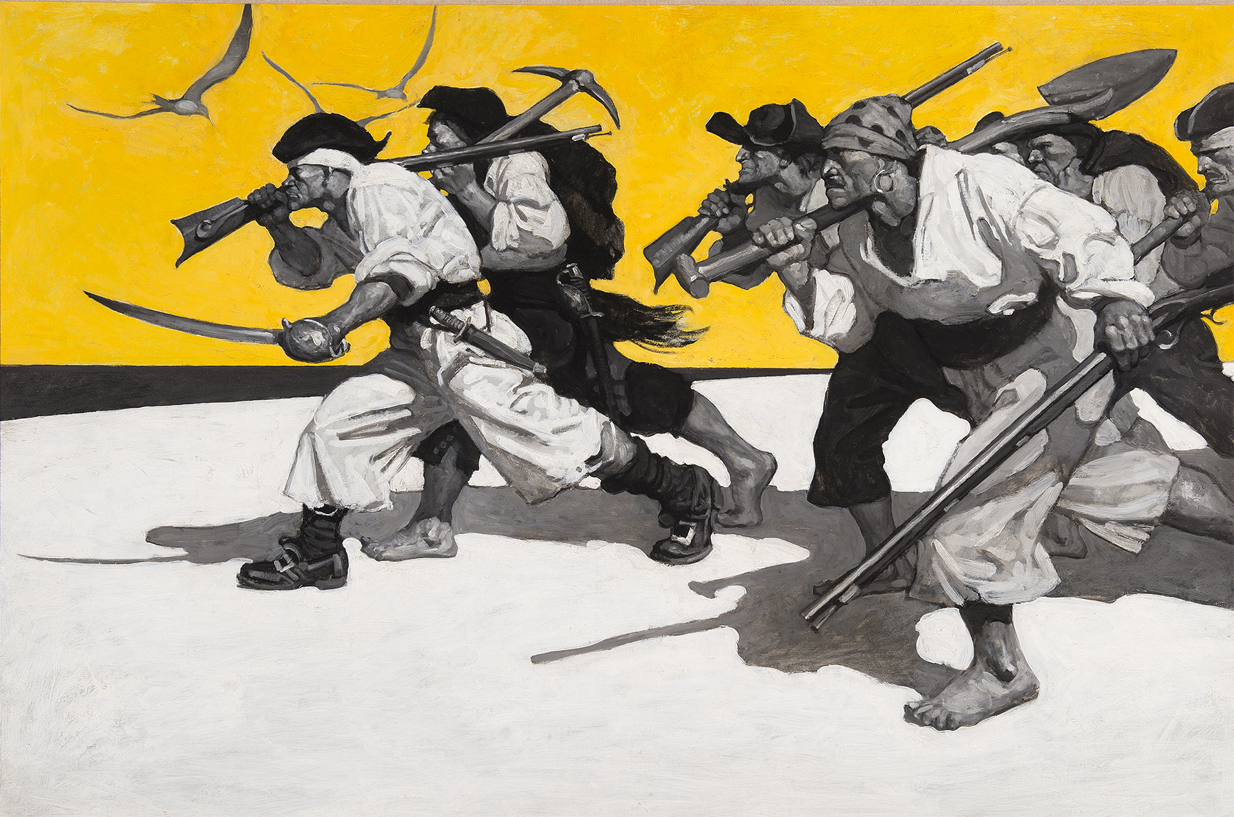 A black and white group of pirates holding weapons walk on a beach among a pure yellow sky.