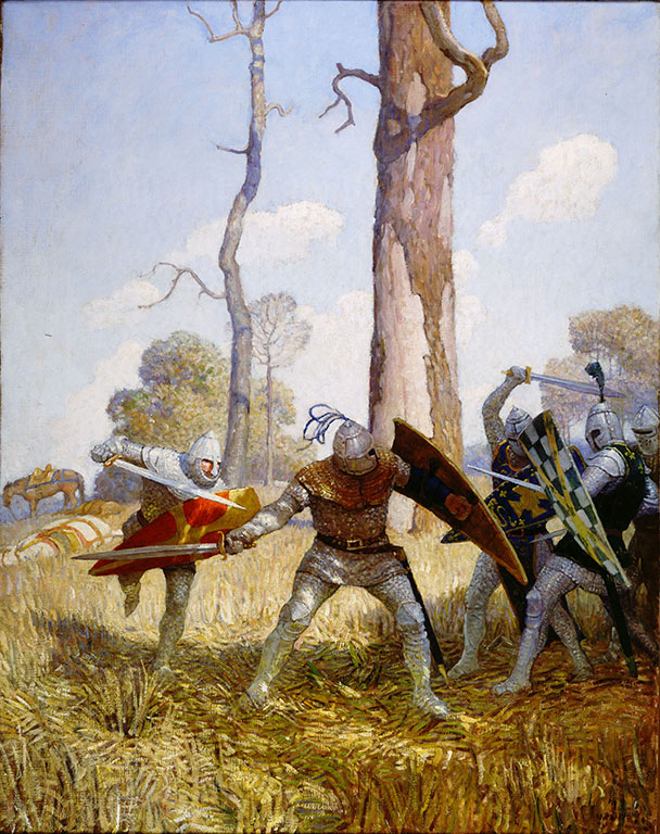 N.C. Wyeth (1882-1945), “They fought with him on foot more than three hours, both before him and behind him," Illustration for The Boy's King Arthur, 1917, oil on canvas, 40 1/8 x 31 7/8 inches. Private collection