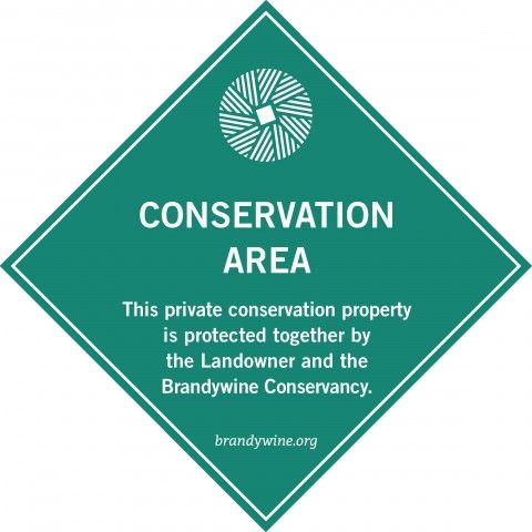 Conserved land sign. Text reads: "This private conservation property is protected together by the Landowner and the Brandywine Conservancy. brandywine.org"