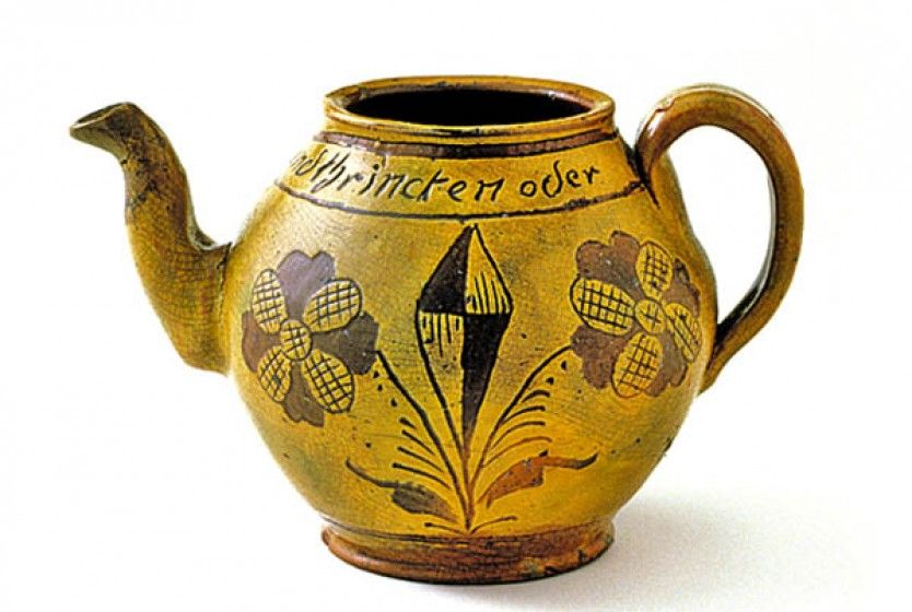 Teapot, southeastern Pennsylvania, 1799. Inscribed “Gott seyne. euch in essen und trincken oder” (God bless you all in food and drink) and “1799.” Winterthur, bequest of Henry Francis du Pont.