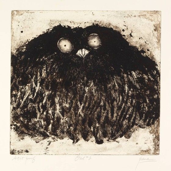Peter Paone (b. 1936), Owl, 1964, etching and aquatint on paper, 12 ½ x 12 in. Gift of the artist