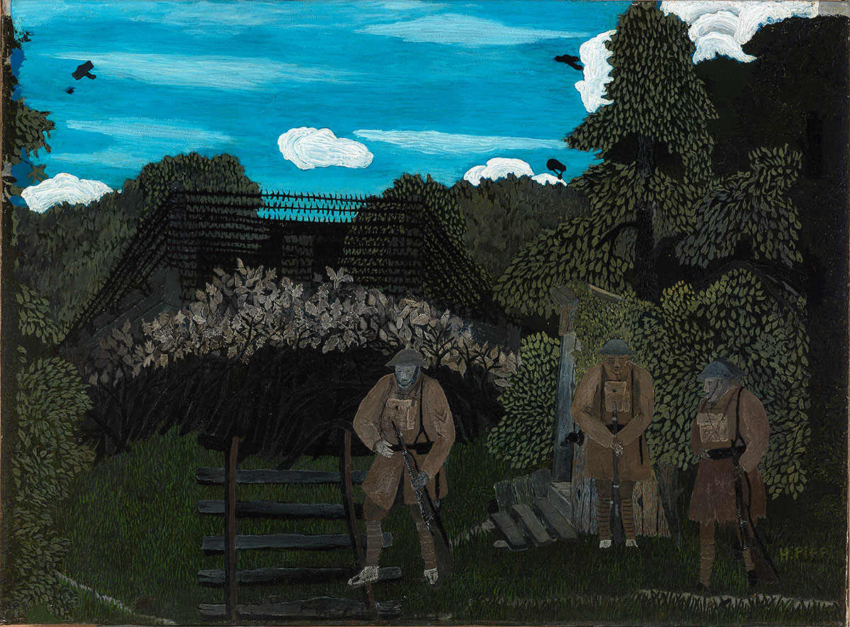 Horace Pippin (1888-1946), Gas Alarm Outpost, Argonne, ca. 1931-37, oil on canvas. Purchased with funds given by The Davenport Family Foundation in loving memory of Peter D. Davenport, 2021 