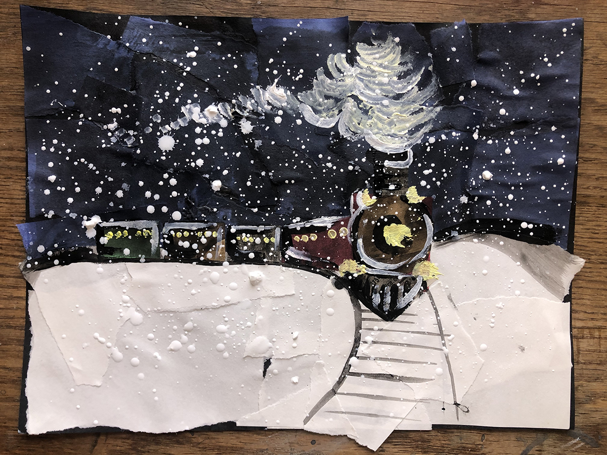 Finished work: A snowy, nighttime train scene made of construction paper and paint