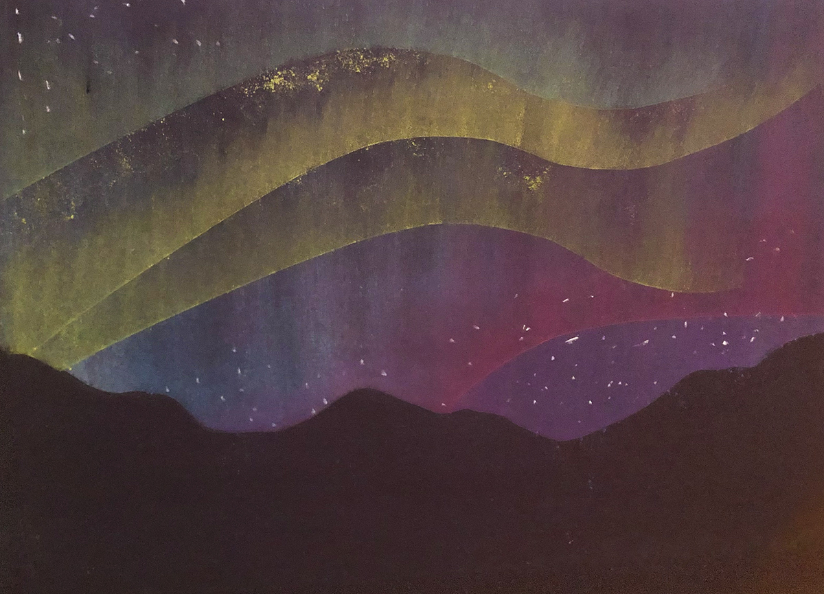 A nighttime scene of the northern lights created with colorful chalk pastels 