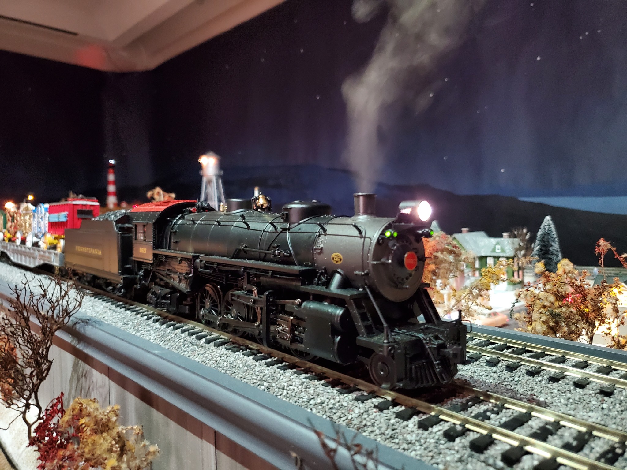 Close up of steam engine model train, part of the Brandywine Railroad holiday train display