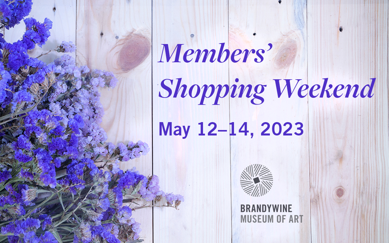 A graphic with purple flowers and text reading Members' Shopping Weekend, May 12-14, 2023