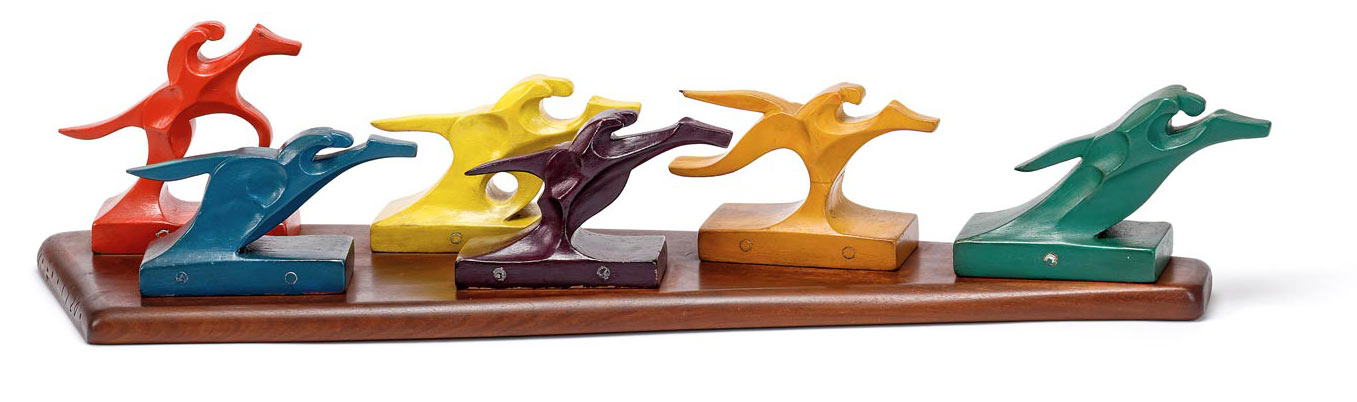 Wharton Esherick, The Race, 1925. Painted wood on walnut base, 6 3/4 x 30 3/4 x 8 1/2 in. Wharton Esherick Museum Collection. Photo by Eoin O’Neill, courtesy of the Wharton Esherick Museum.