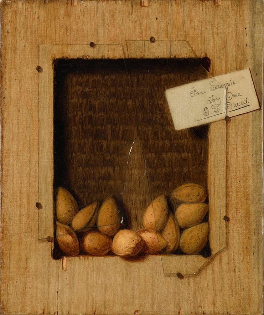 A hyperrealistic painting of a wooden box filled with almonds that is partially opened, revealing a cluster of almonds inside. A torn, handwritten note labeled "Free Sample" and signed "S. David" is attached to the box.