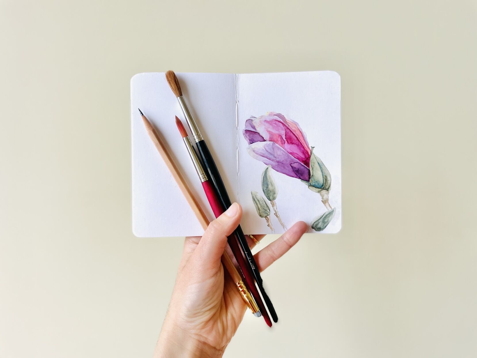 Hand holding paint brushes and notebook with a watercolor painting of pink flowers