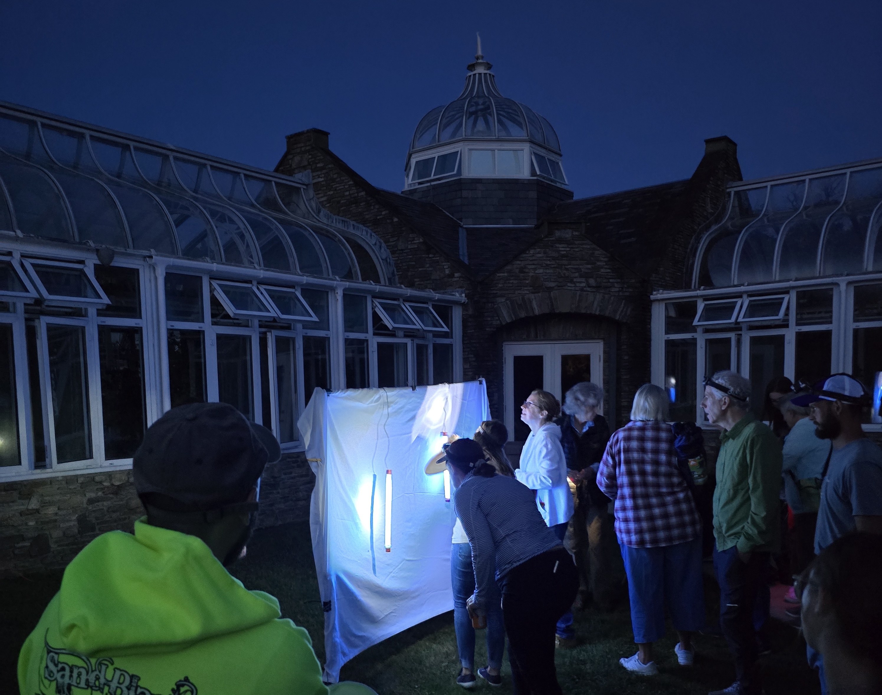 a group of people stand together outside at night wearing headlamps and looking for moths on a mothing sheet