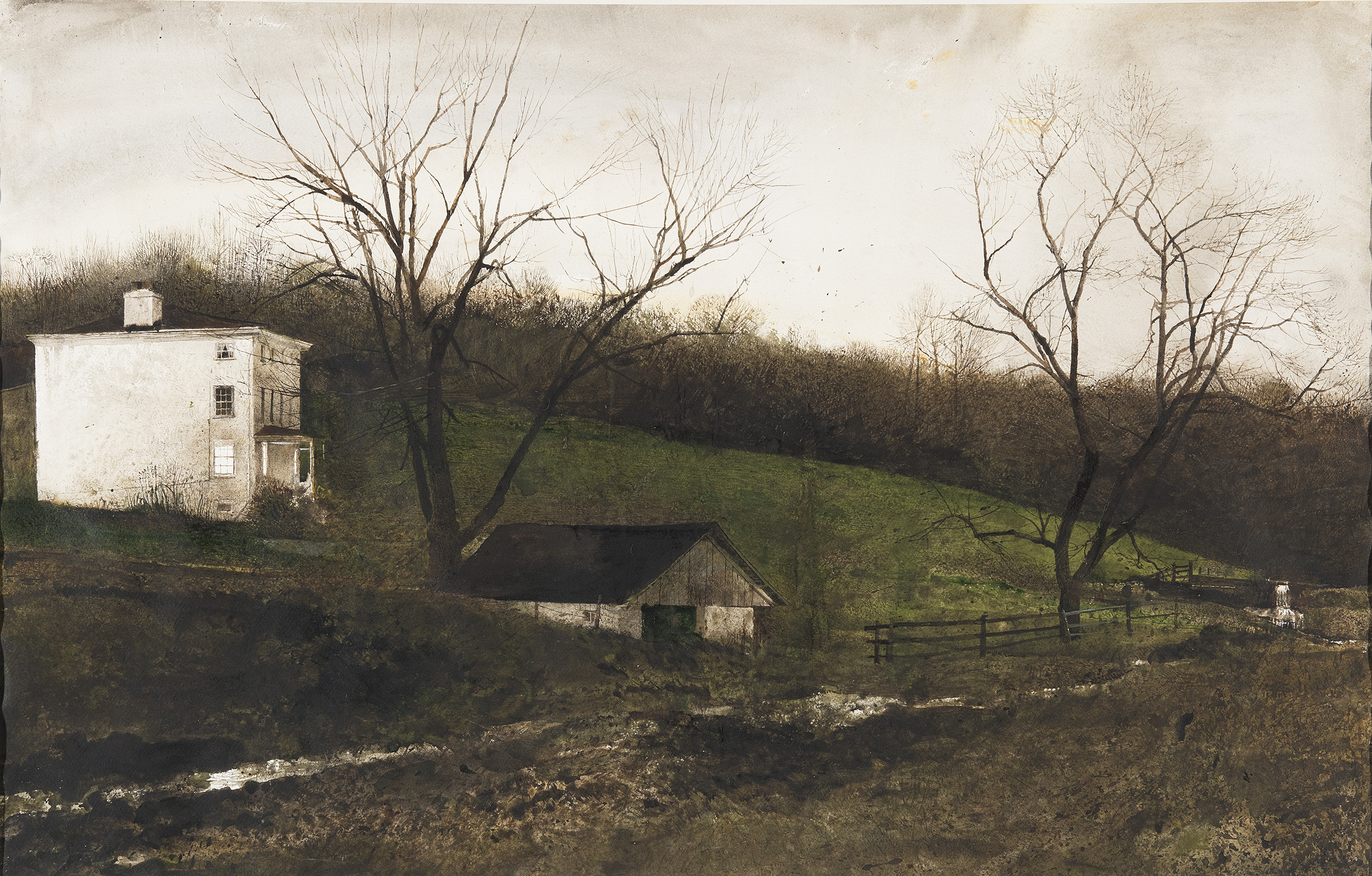 Andrew Wyeth (1917 – 2009), Evening at Kuerners, 1970, drybrush watercolor. Courtesy of Mr. and Mrs. Nicholas Wyeth. © 2025 Wyeth Foundation for American Art/Artists Rights Society (ARS), New York