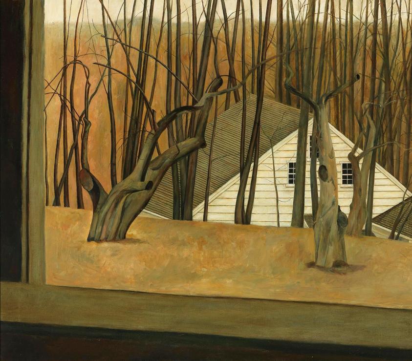 painting of a view looking outside a window, over looking trees and a house
