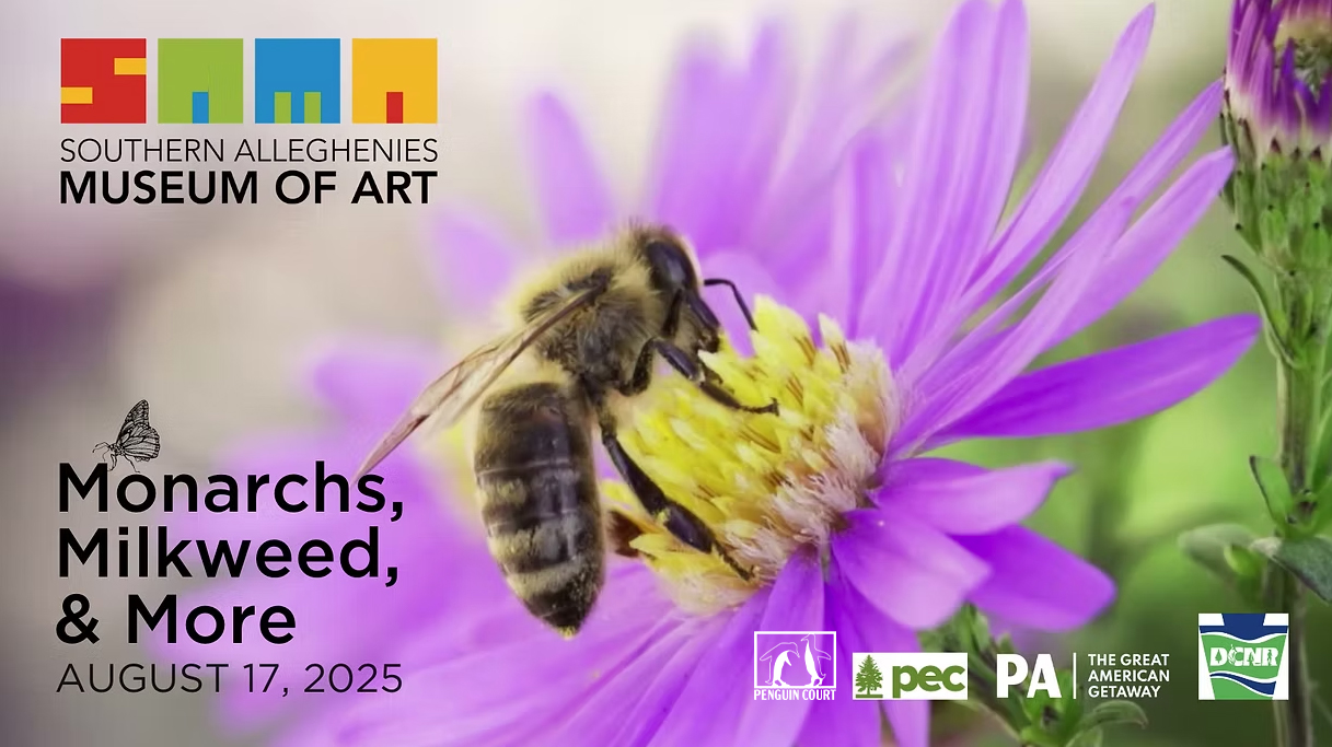 Graphic of a Bee getting pollen on a purple flower. Text in the bottom left corner saying "Monarchs, Milkweed & More"