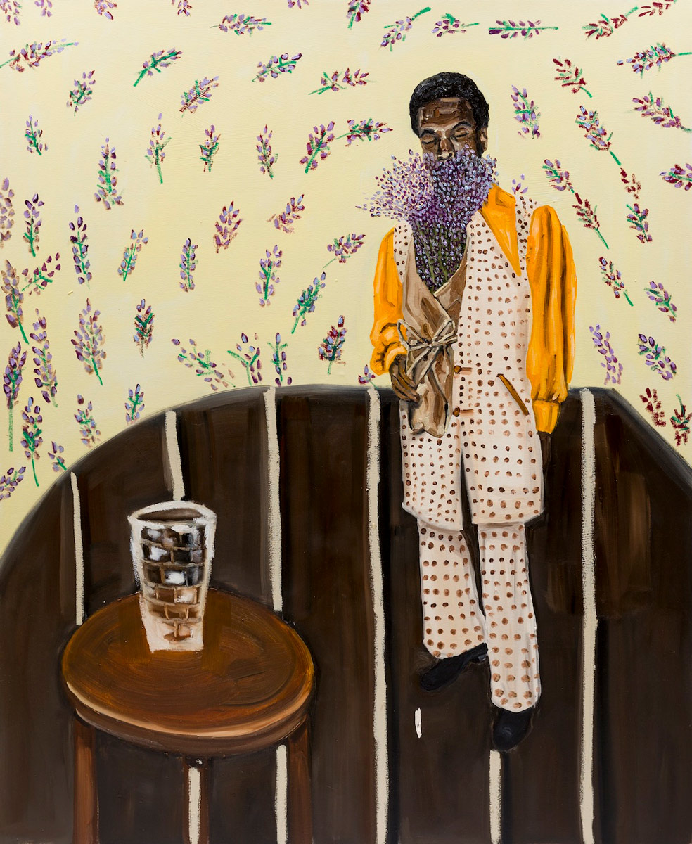 Jerrell Gibbs (b. 1988), Man with Lilacs, 2021. Oil, oil stick on canvas, 69 1/4 x 57 in. The Traci and Mark Lerner Collection