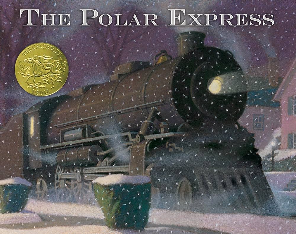 Cover of an illustrated children's book, with a steam engine train driving through the snow