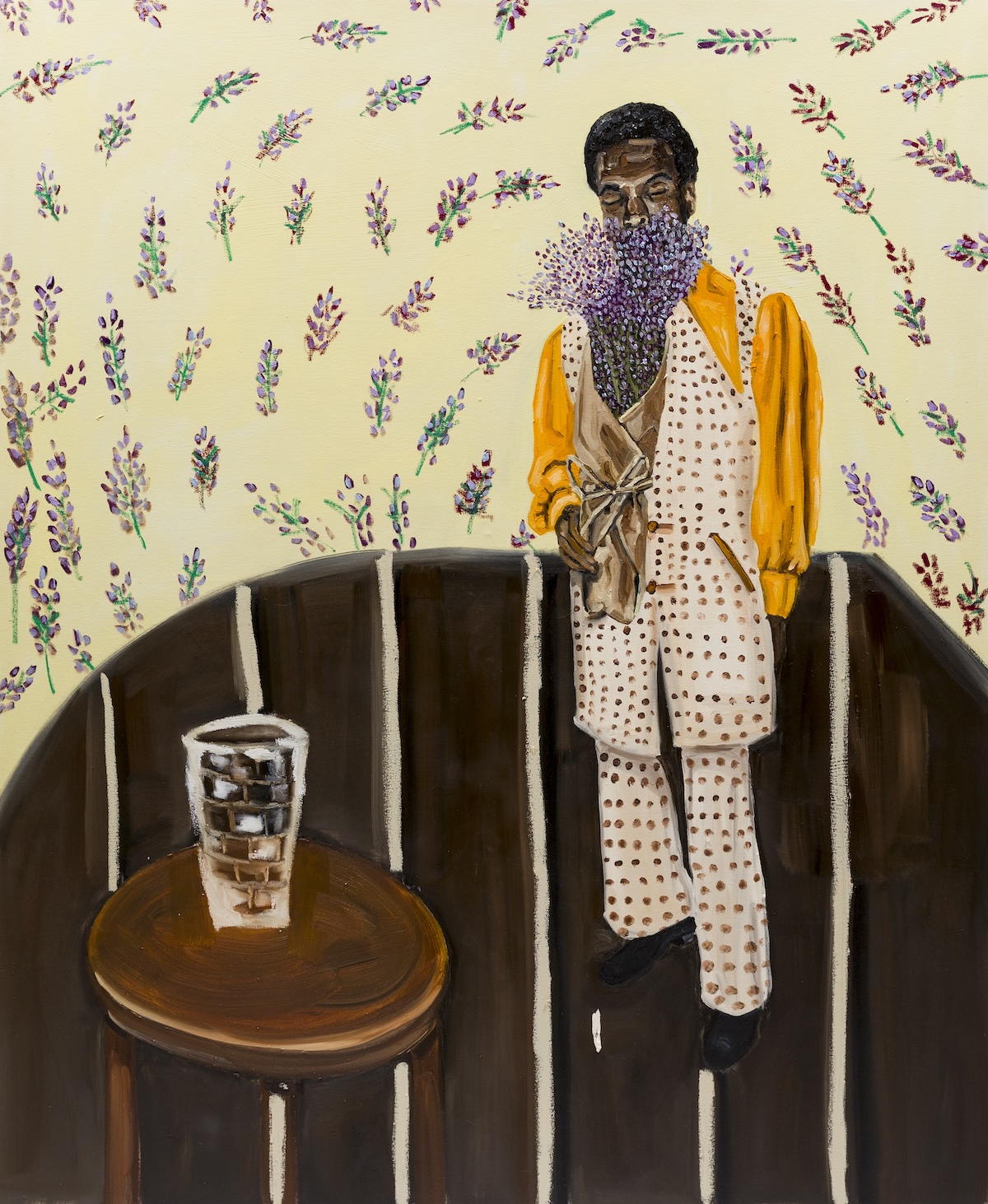 Jerrell Gibbs (b. 1988), Man with Lilacs, 2021, oil, oil stick on canvas, 69 1/4 x 57 in. The Traci and Mark Lerner Collection. © Jerrell Gibbs