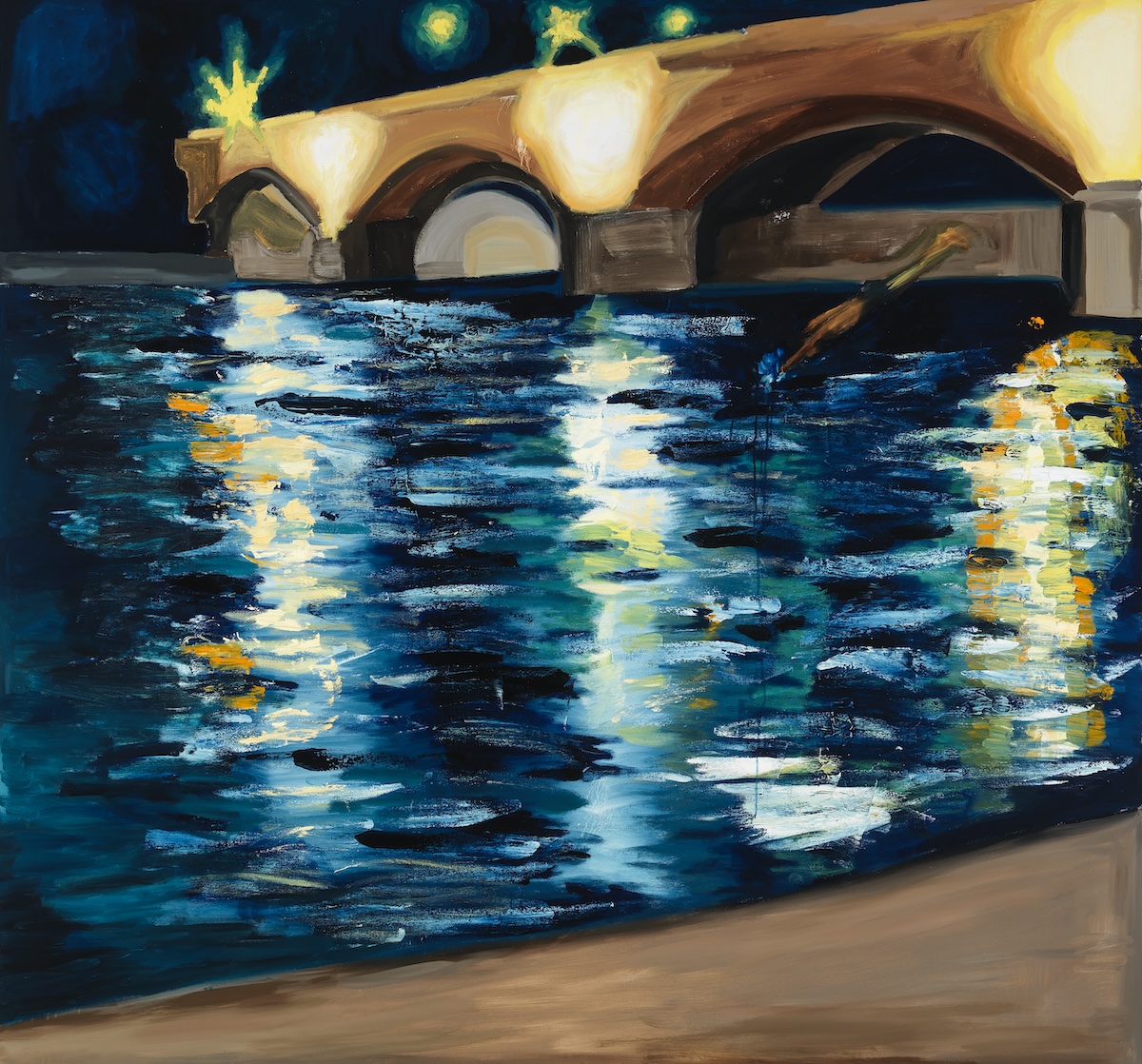 Jerrell Gibbs (b. 1988), Nous visited the Seine, but did not swim, 2022, oil on canvas, 72 1/2 x 77 1/2 in. Brandywine Museum of Art, Purchased with funds provided by Mr. and Mrs. Rodman Moorhead, 2023. © Jerrell Gibbs