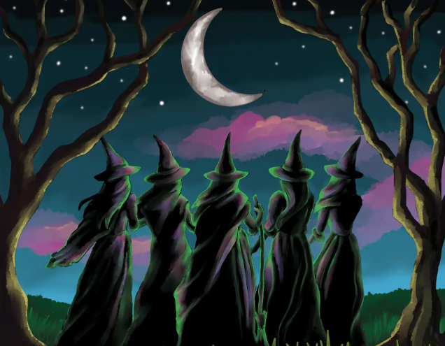 Painting of witches standing under a crescent moon