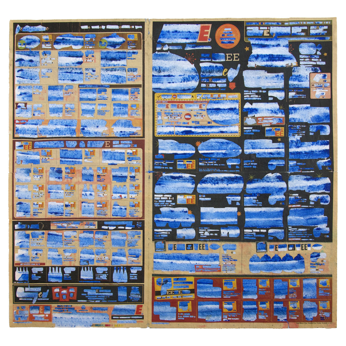 Misha Wyllie, E’s with Orange Stars (Blue ink horizontal stripes), 2020, cut paper, mixed media and acrylic paint on paper, 20" x 21", Courtesy of the artist