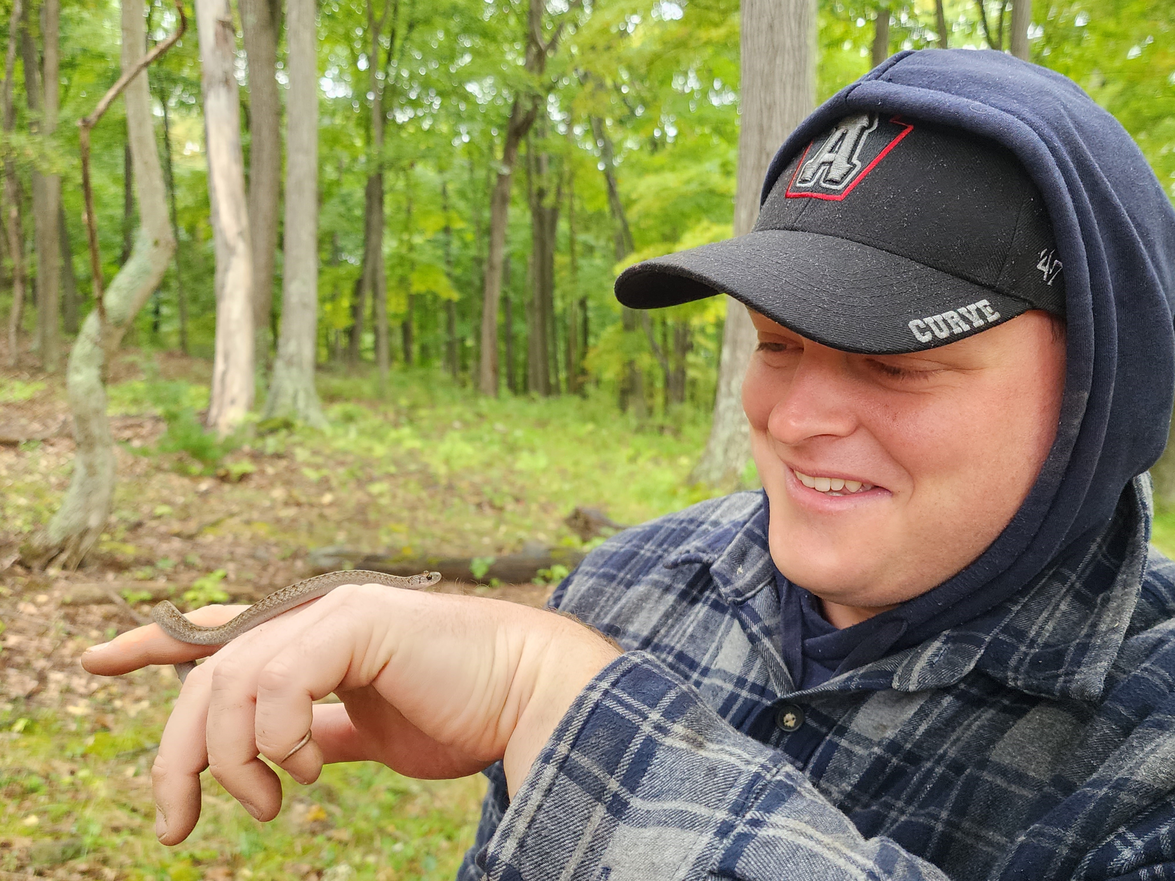 Man holding a brown snake, in the woods