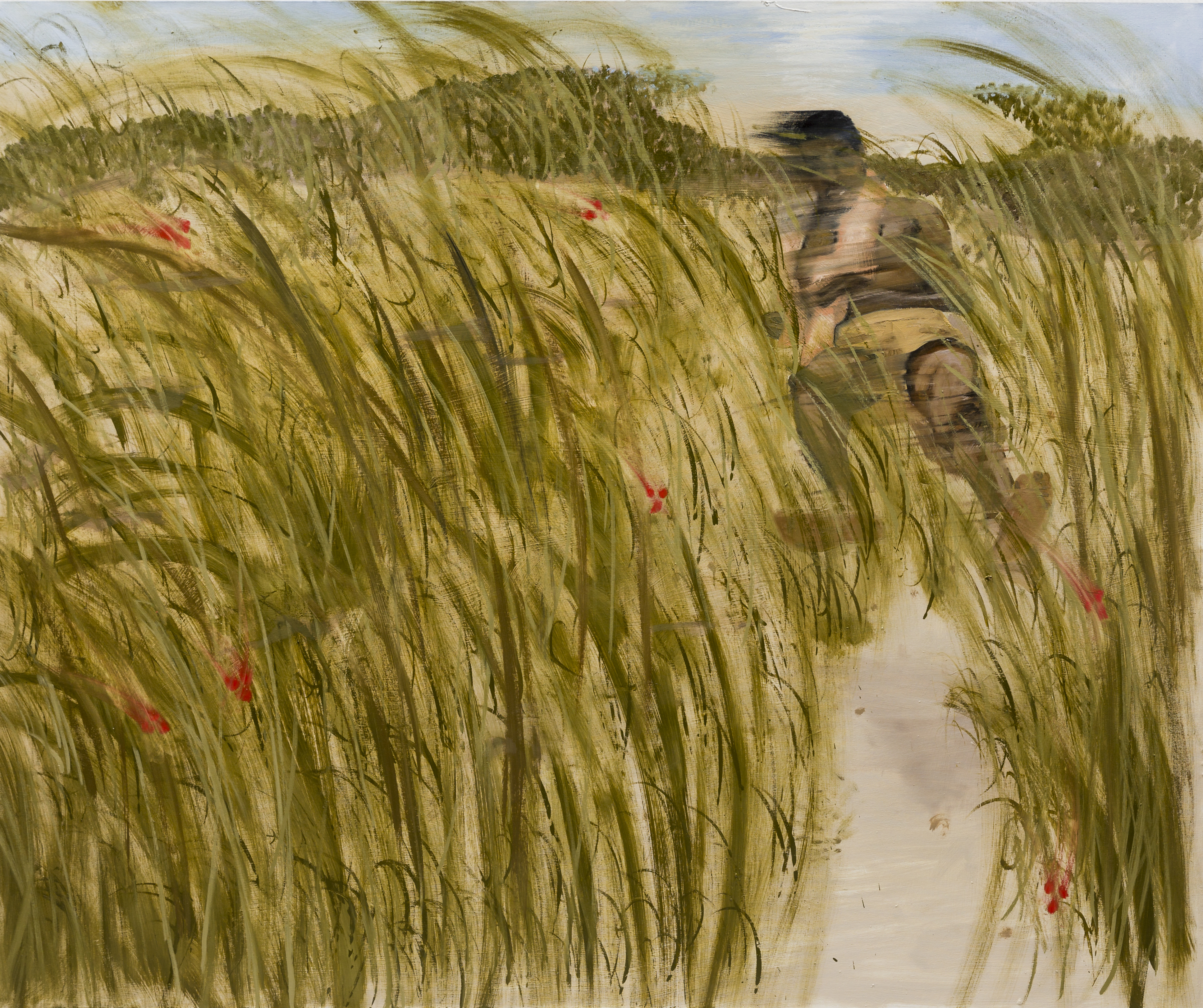 Oil painting of a figure sitting in tall grass