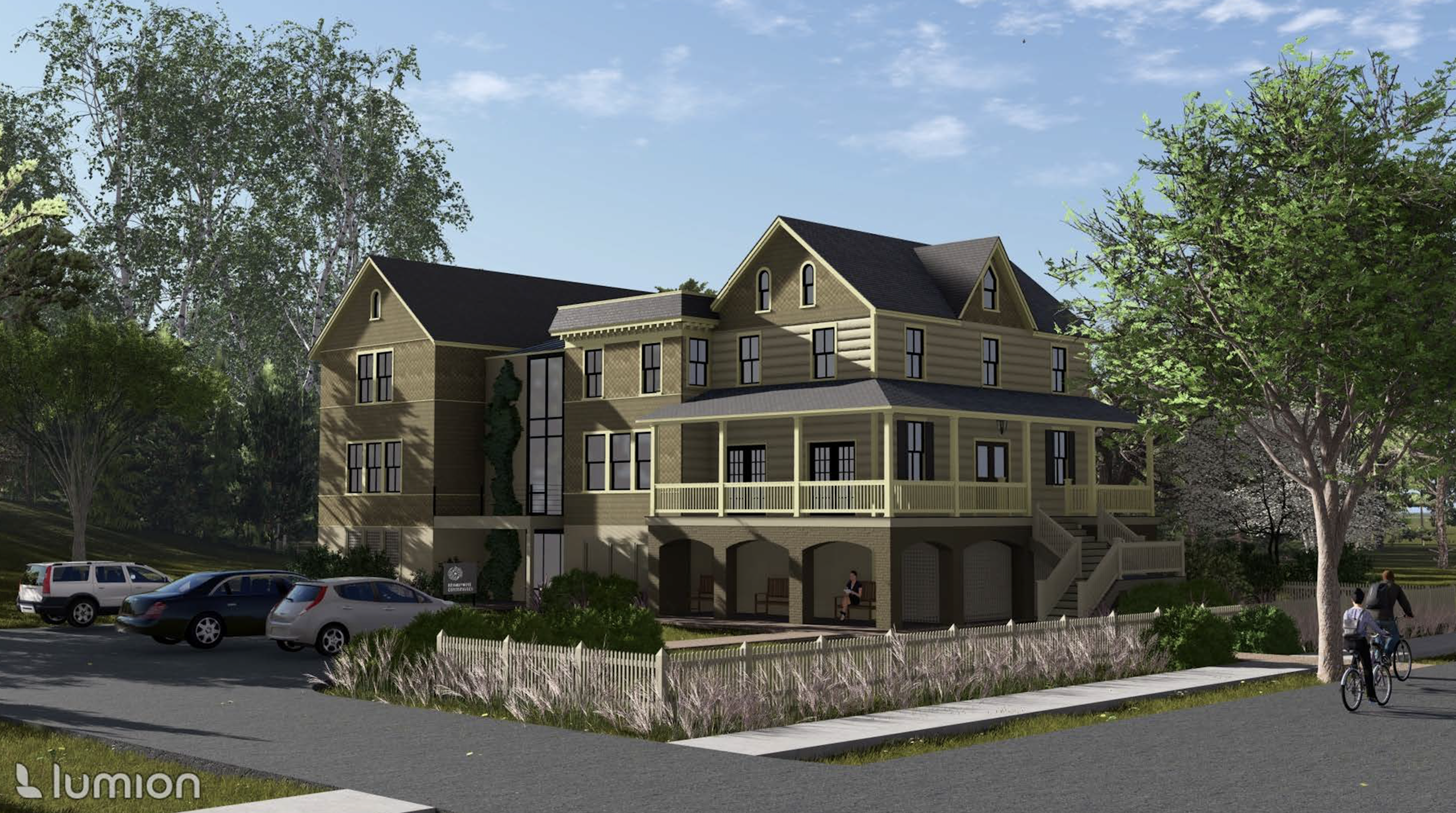  A digital rendering of a large, renovated, two-story building that combines a historic house facade with a modern rear addition. The building features many large, vertical windows. The property includes a white picket fence, a small paved parking area to the left with three parked cars, and large trees surrounding the structure.