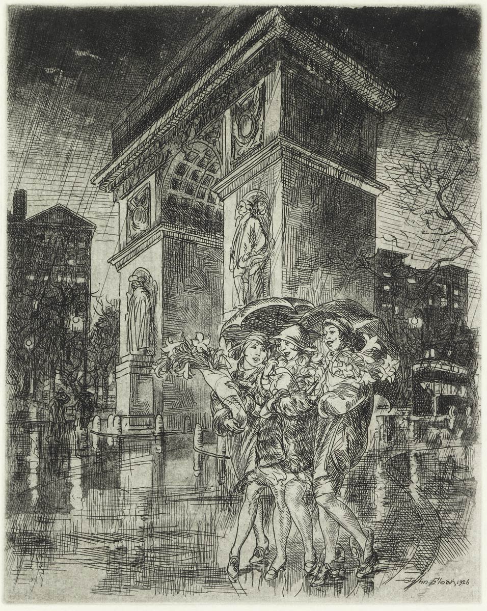John Sloan (1871–1951), Easter Eve, Washington Square, 1926, etching on paper, 14 3/8 x 12 3/16 in. Gift of Paul Preston Davis in honor of Helen Farr Sloan and in honor of the 50th anniversary of the Brandywine Conservancy & Museum of Art, 2017
