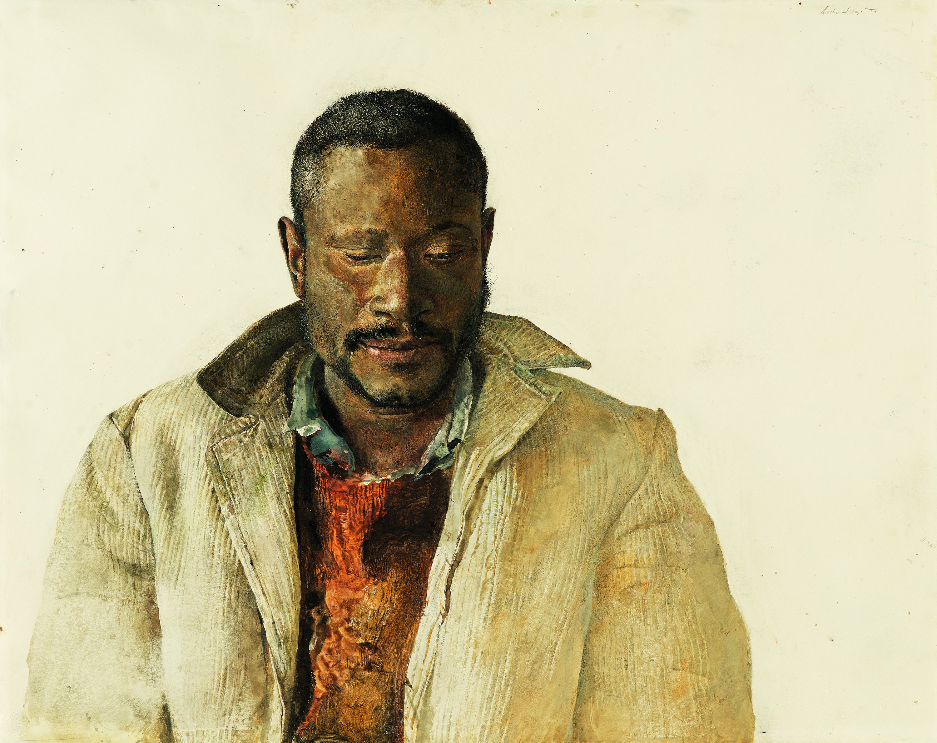 Painting of a man with brown hair and mustache, in a cream colored jacket and red shirt