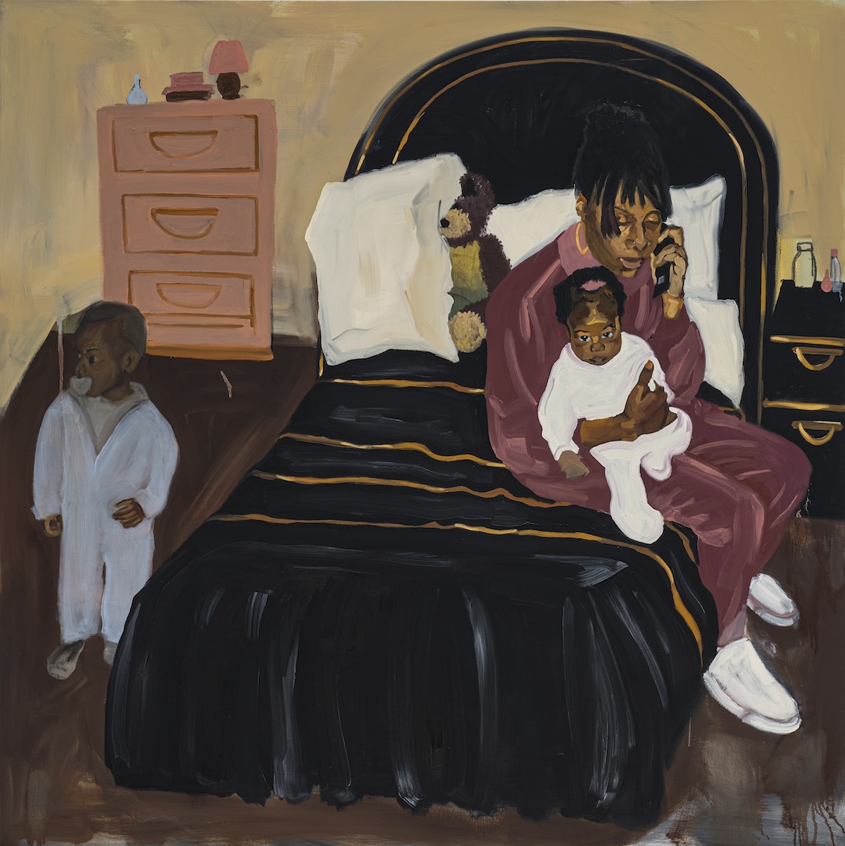 A painting of a bedroom, A Black woman sits on the edge of a large bed with a dark headboard, holding a baby dressed in white on her lap. She is wearing a robe and talking on a phone. A toddler in gray pajamas stands to the left, partly turned away, with a pacifier in their mouth. The room has warm brown and beige tones, with dressers on both sides of the bed, a small lamp, and soft, loosely brushed details that give the scene a quiet, late-night feeling.