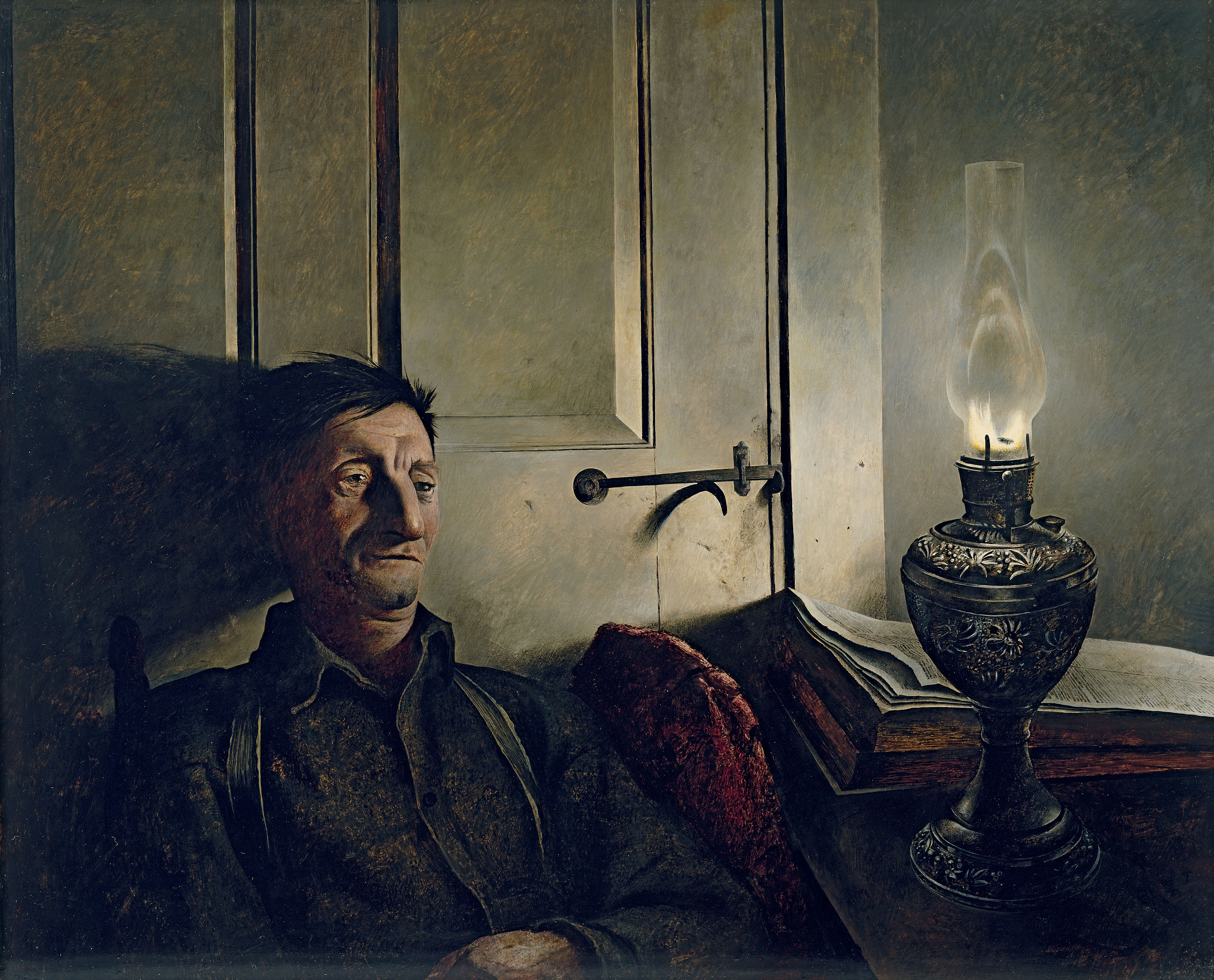 Painting of a dark lit room, with a man with brown hair and mustache staring at an oil lamp