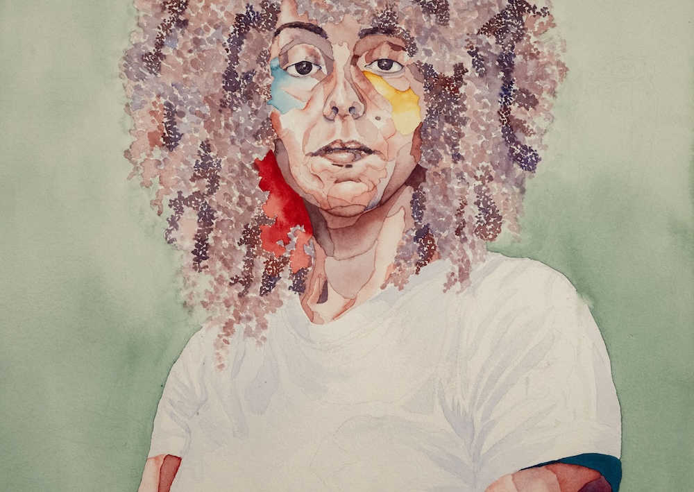 Watercolor painting of a woman staring directly at the viewer, with bright colors