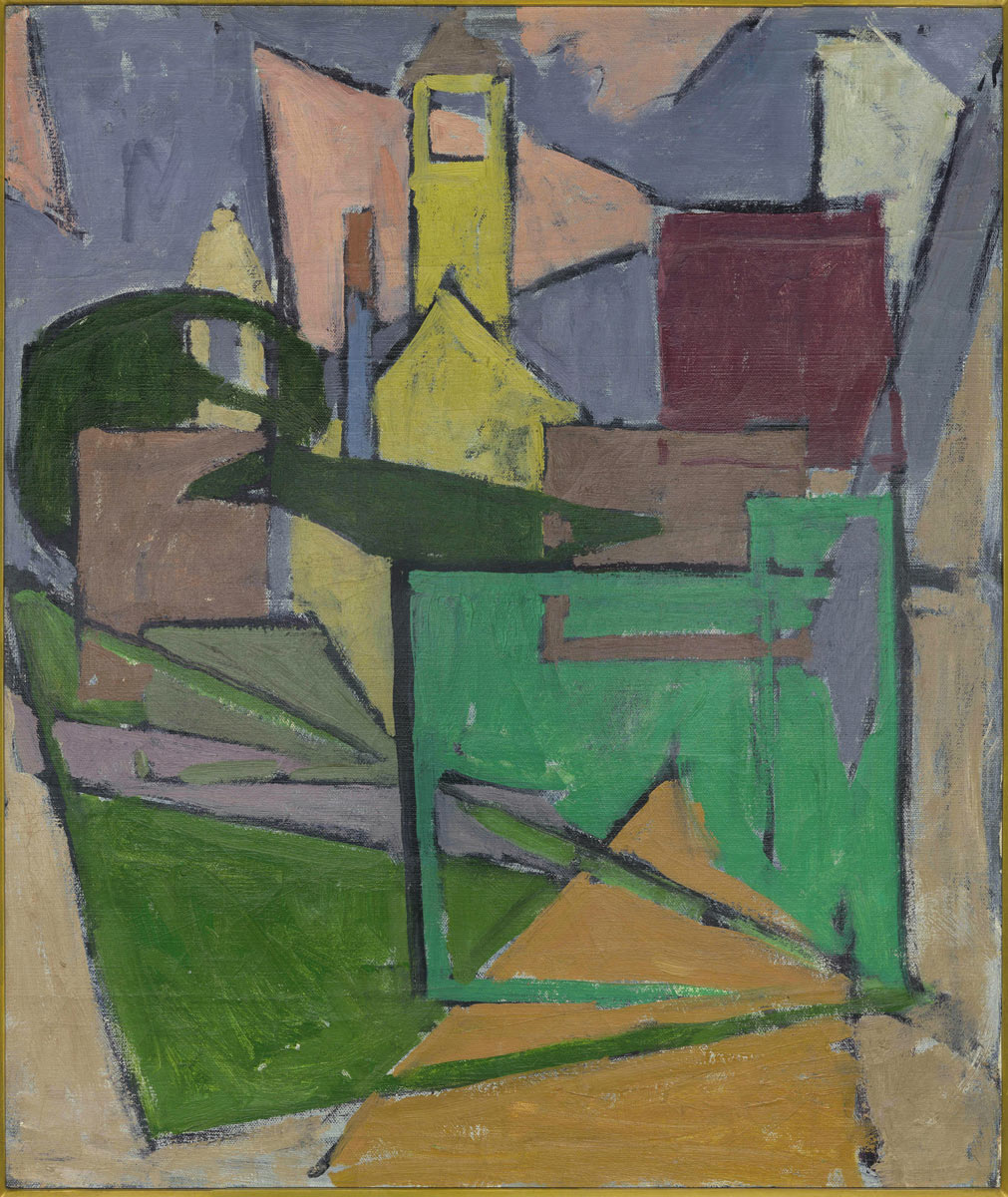 Stuart Davis (1892-1964), Sketch—Church Tower, 1916. Oil on canvas, 23 1/8 x 19 1/8 in.  Cape Ann Museum, Gift of Mary Craven, 2025