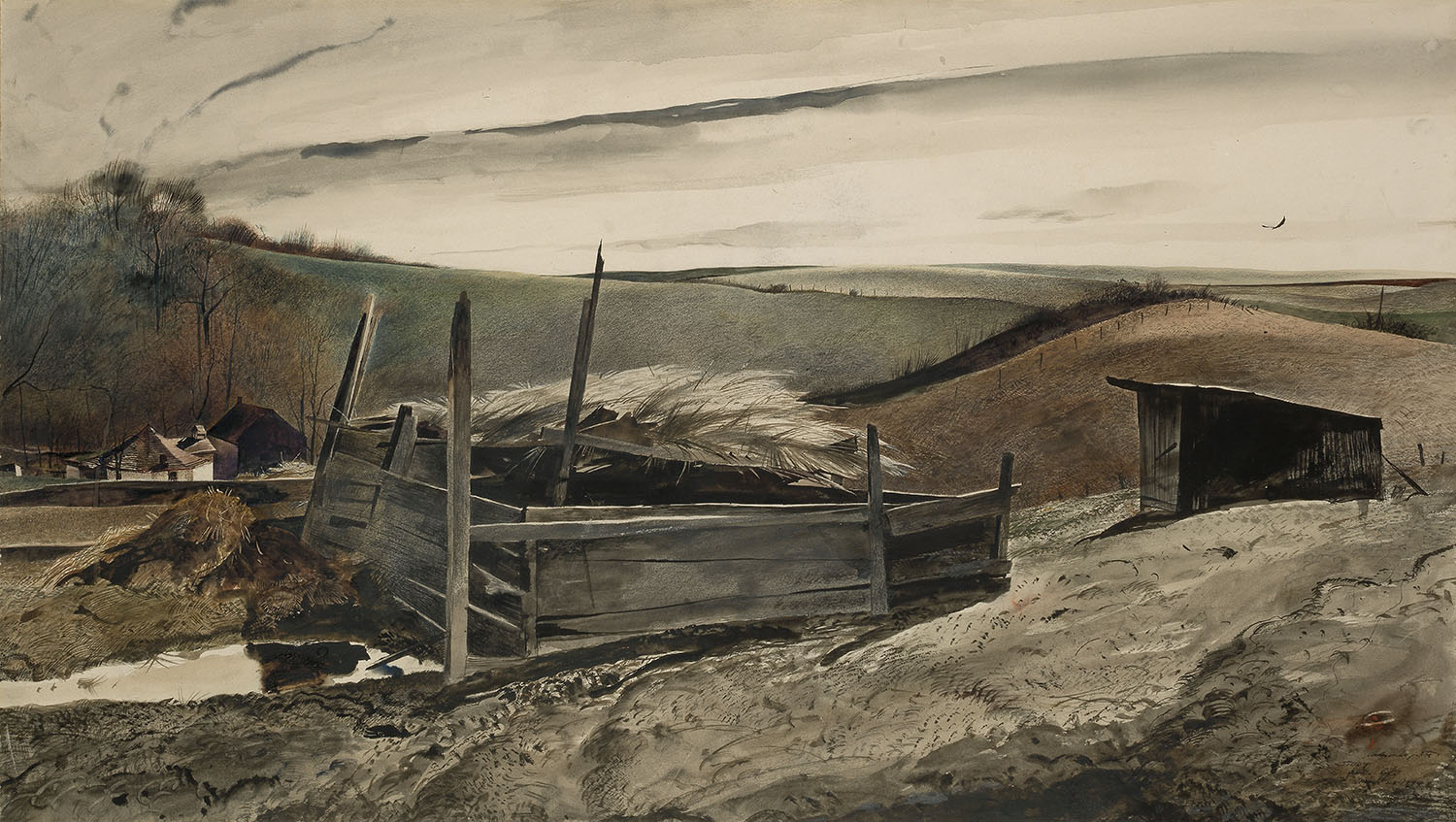 This painting shows a quiet countryside with rolling fields, a pale cloudy sky, and simple wooden farm structures, including a fenced pile of hay and a small shed on a sandy hill. 