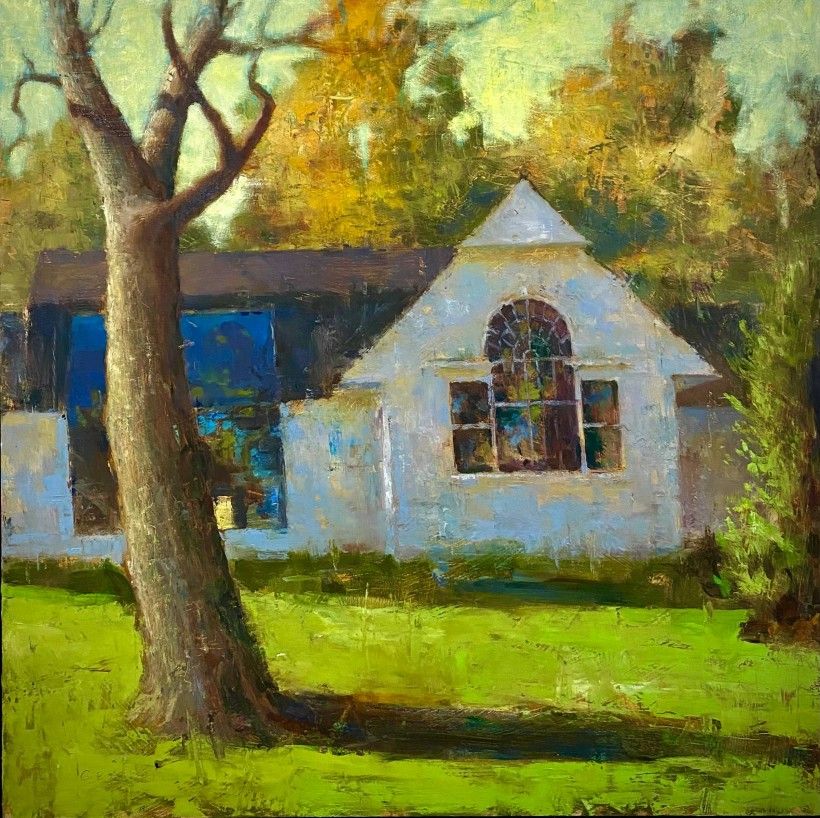 Painting of a small white house with a large arched window sits in a sunny green yard. A tall tree stands in front, and golden trees glow in the background.