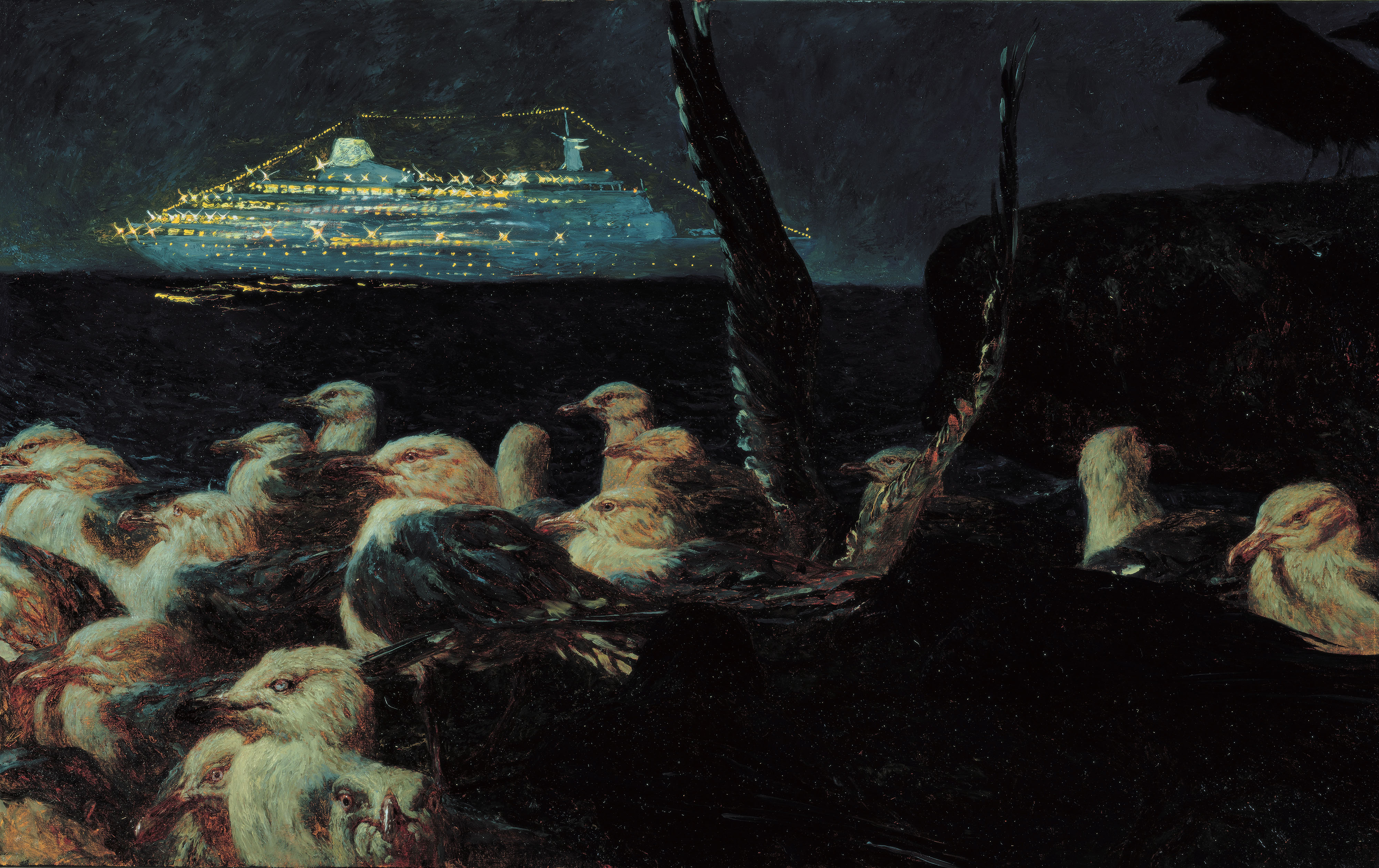 A brightly lit ship glows in the distance at night, while pale seabirds gather in the dark water nearby. The scene feels both beautiful and unsettling, as if nature is quietly observing something ominous.