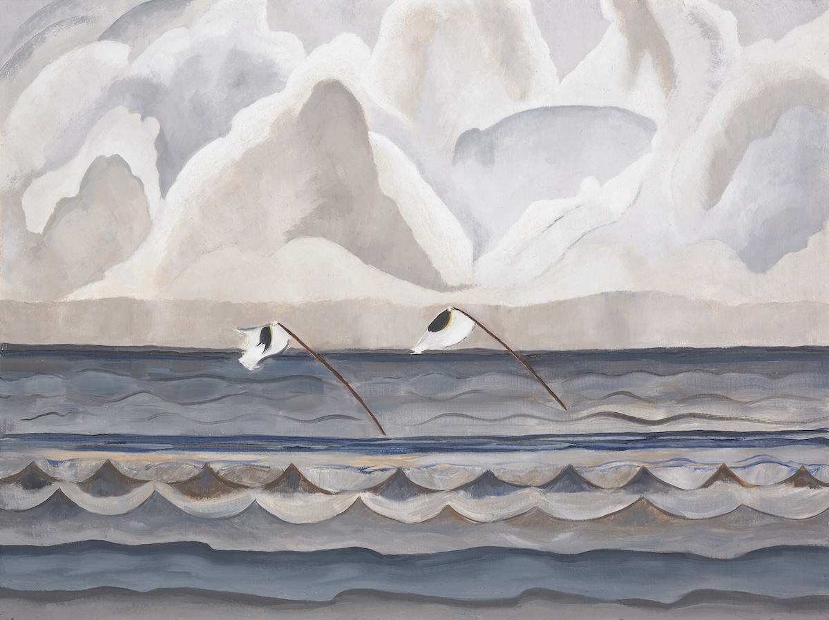 A painting of a calm ocean under large clouds, with gentle waves in muted colors. Two white seabirds glide low over the water, creating a peaceful scene.