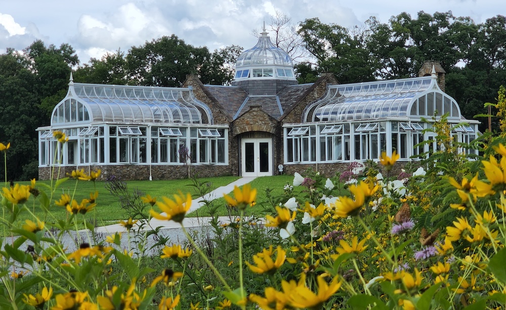 A glass conservatory with a domed roof sits on a green lawn, surrounded by trees. Bright yellow wildflowers fill the foreground, creating a garden-like scene.