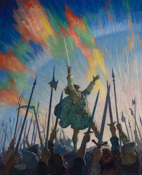 Painting of a man holding a sword up in the air surrounded by a group of people yelling in triumph. 