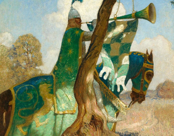 Painting of a man on a horse, playing a trumpet on a sunny day.