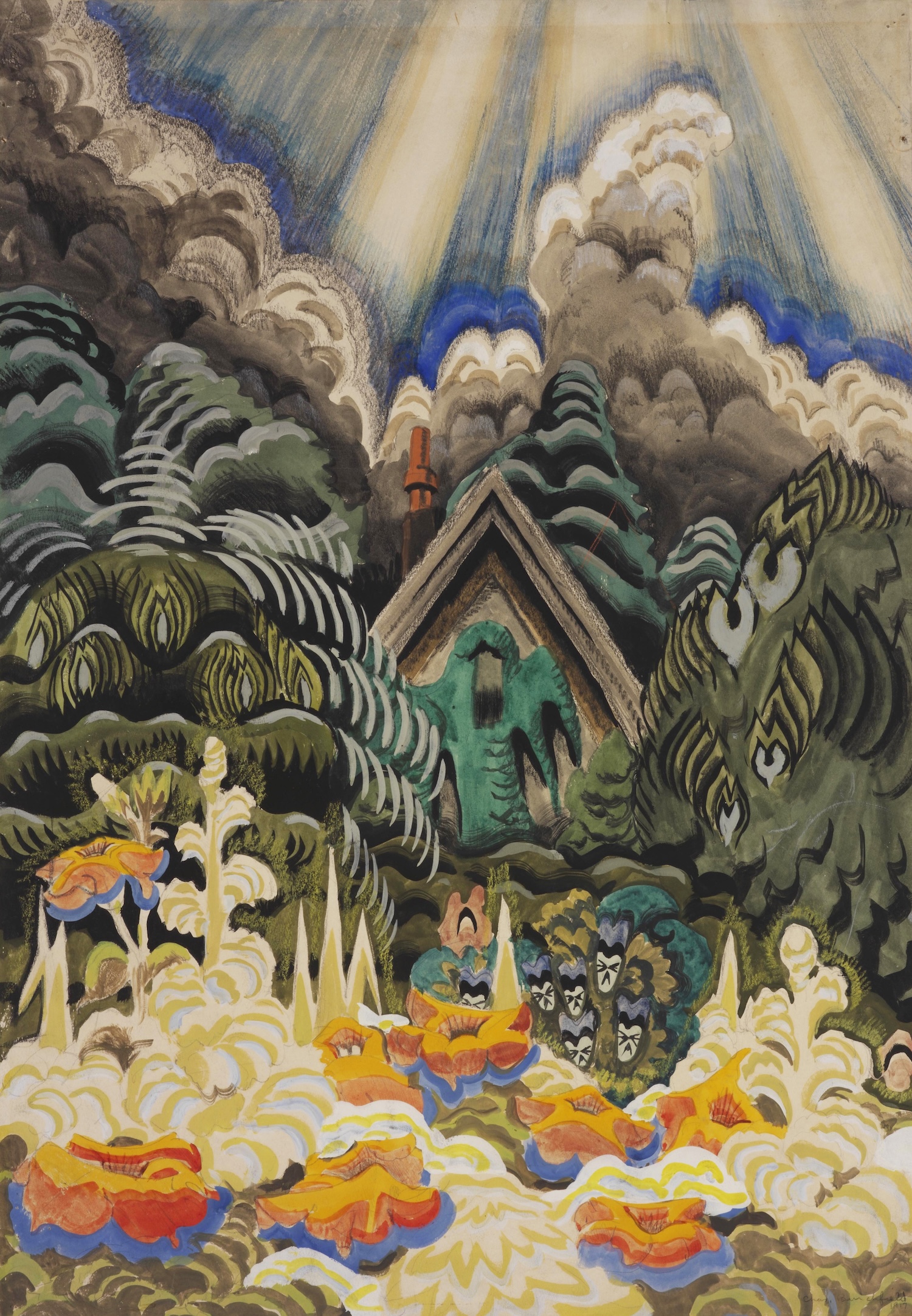 A small cottage sits amid stylized, swirling green trees and clouds beneath rays of golden light. Bright orange, yellow, and blue flowers fill the foreground like a colorful garden.