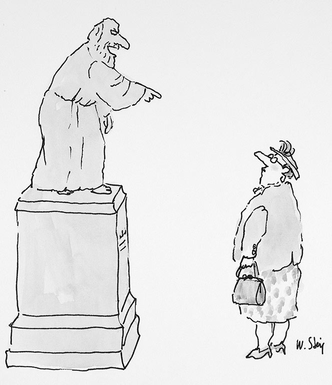 William Steig (1907-2003), Untitled, (Statue Pointing at a Woman), circa 1985