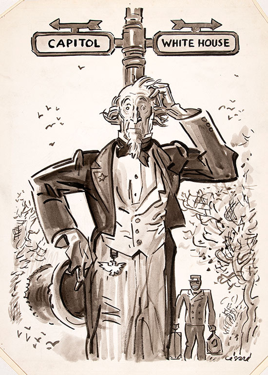 Oscar Cesare (1885-1948) Uncle Sam—Capitol or White House? circa 1937, ink wash on paper. Gift of Valentine Cesare, 1992