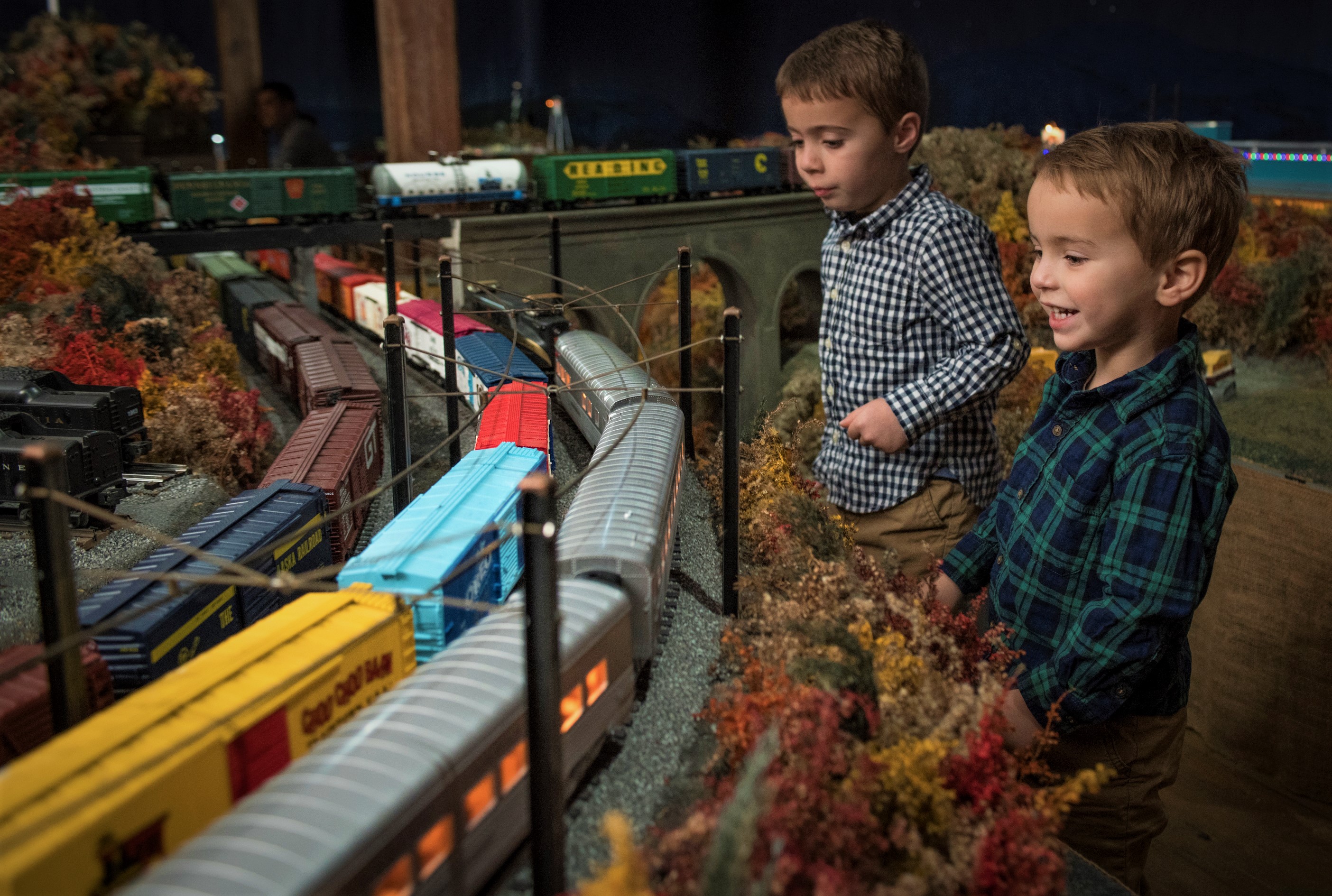 Boys laughing and enjoying the Brandywine Railroad during Brandywine Christmas at the Brandywine River Museum of Art