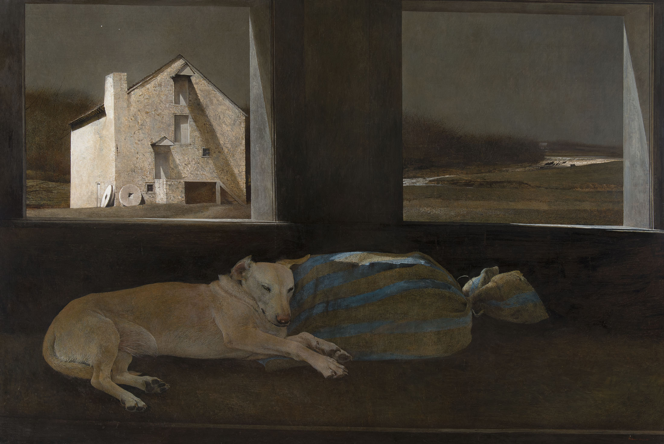 Andrew Wyeth (1917 - 2009), Night Sleeper, 1979, tempera on panel, 48 x 72 in. The Andrew and Betsy Wyeth Collection. © 2021 Andrew Wyeth/Artists Rights Society (ARS), NY