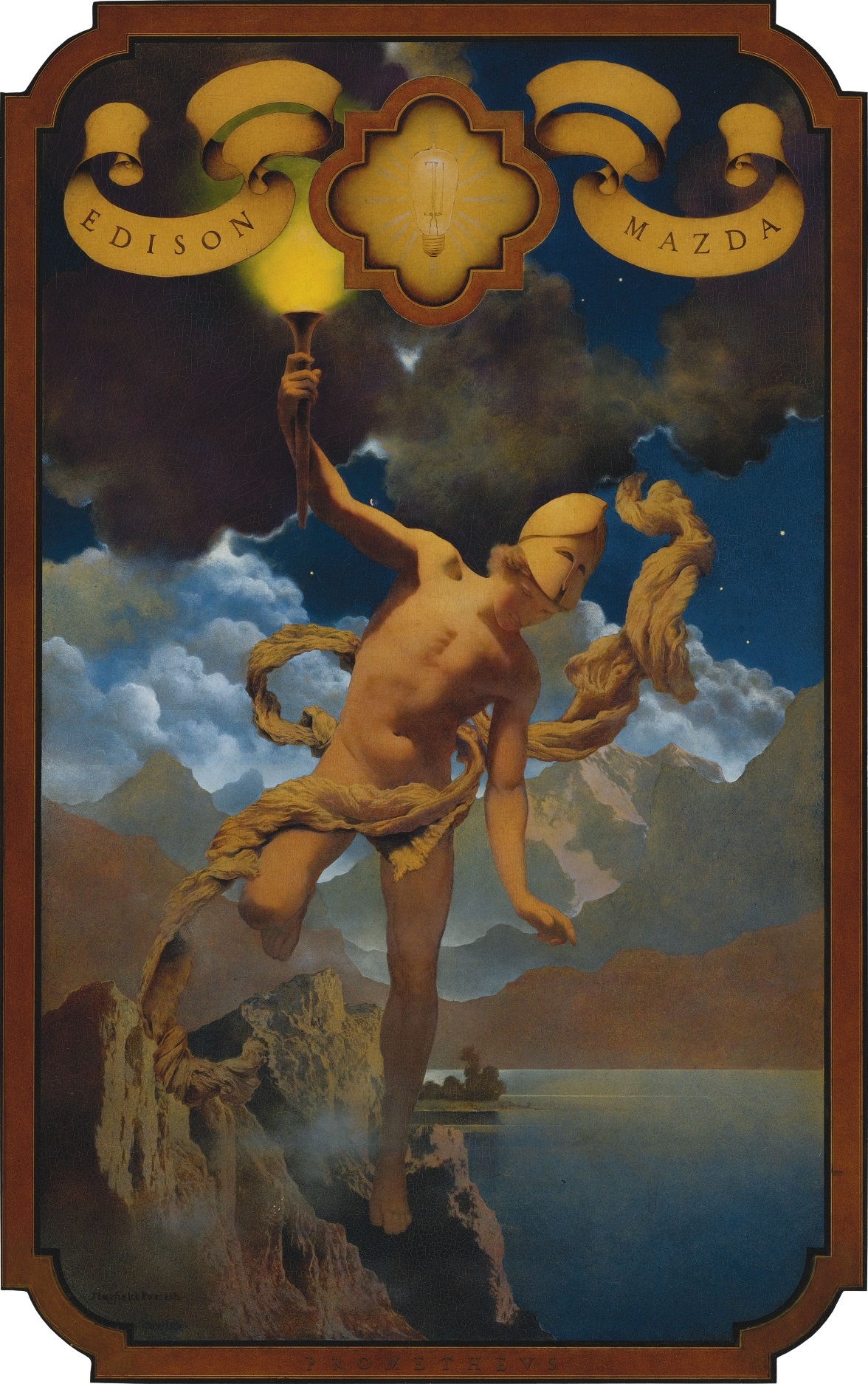 Maxfield Parrish (1870-1966), Prometheus, oil on panel, 1919. The Illustrated Gallery, Fort Washington, Pa.  For 1920 GE Edison Mazda calendar.