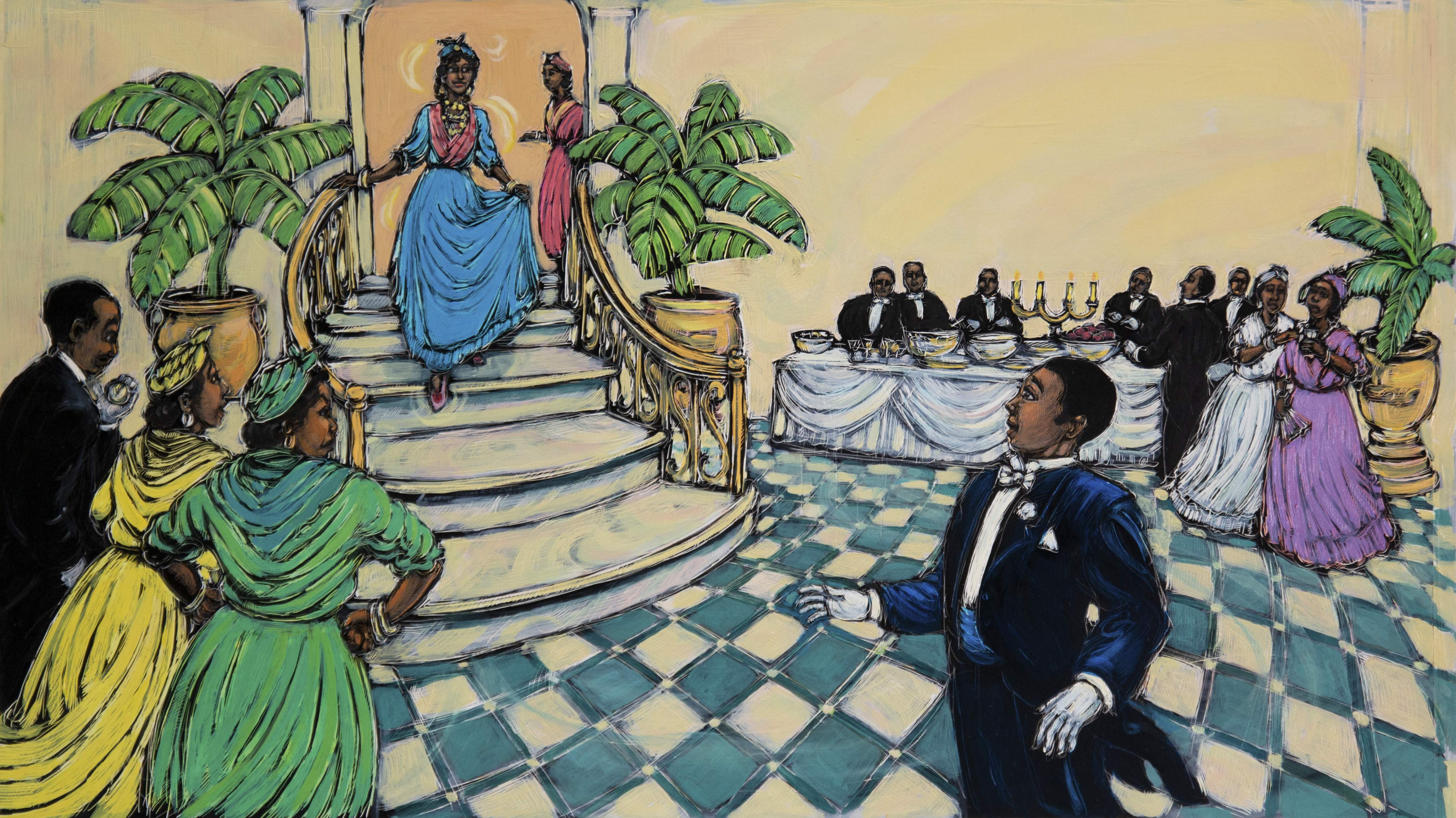 Brian Pinkney (b. 1961), What a grand entrance Cendrillon made!, 1998, oil on scratchboard. Collection of the artist. Illustration for Cendrillon, A Caribbean Cinderella by Robert D. San Souci (Simon and Schuster Books for Young Readers, 1998)