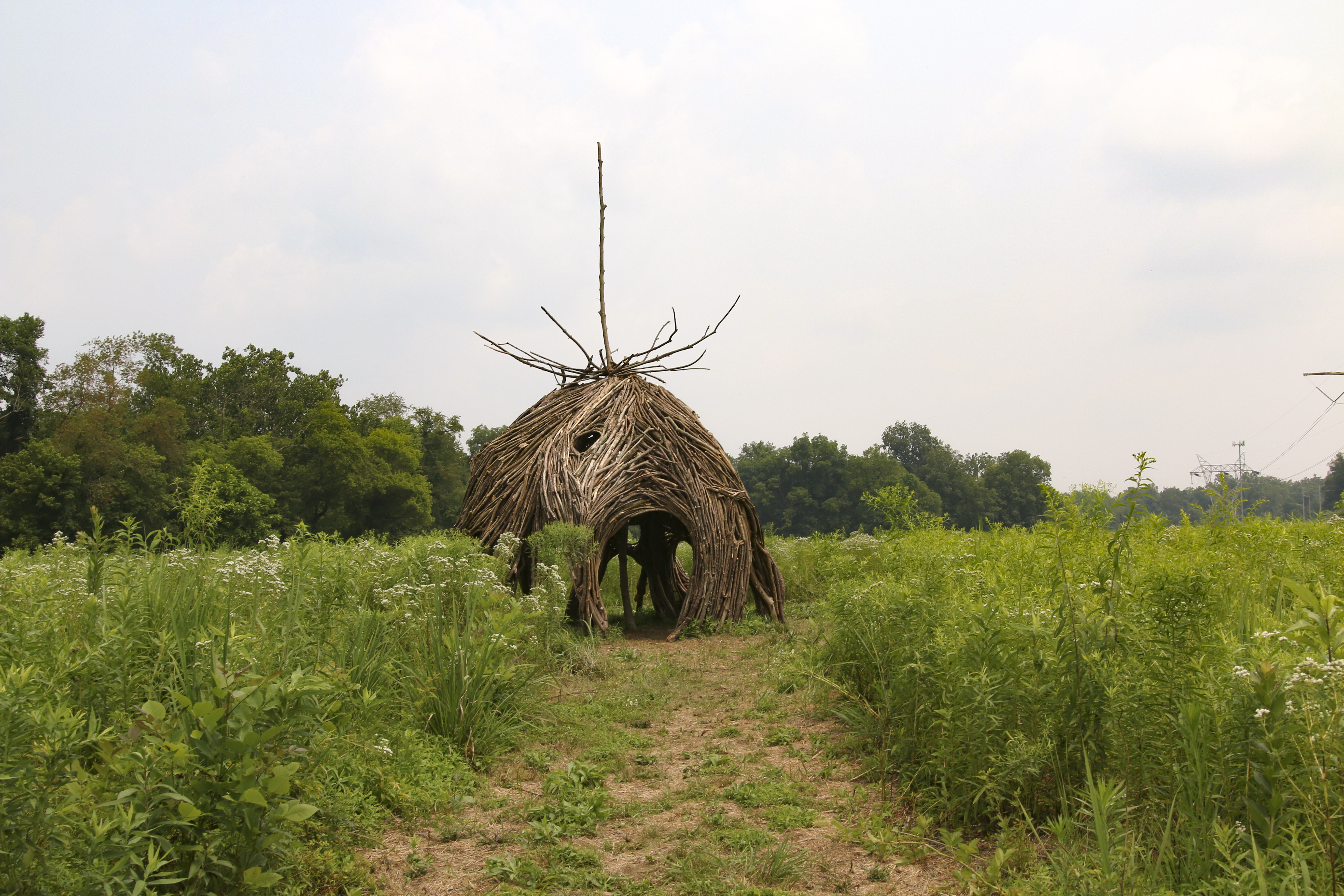 A view of the Queen Anne's Lace Pod—a sculpture made of natural materials—in Potts Meadow.